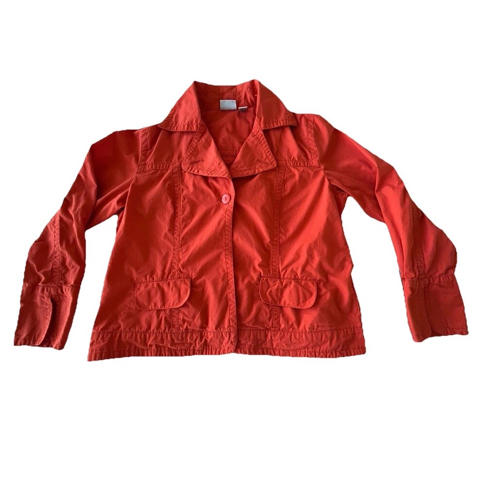 Chico’s SZ 2 (Large) Coral Orange 100% Cotton Lightweight Jacket Utility Blazer